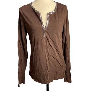 American Eagle Outfitters Solid Brown V Neck Long Sleeve Cotton Blend size XL